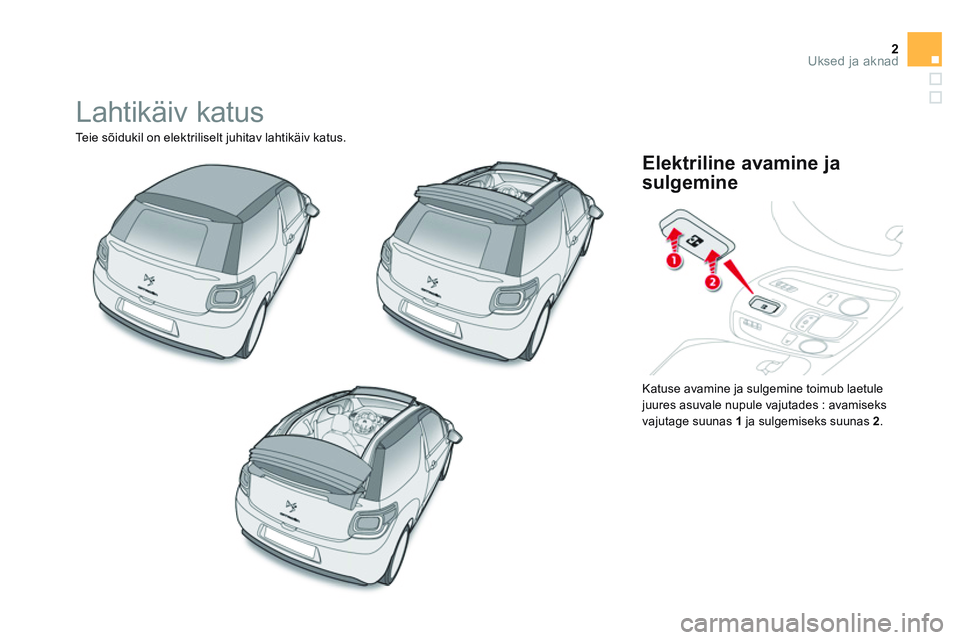 CITROEN DS3 CABRIO 2015  Kasutusjuhend (in Estonian) 2Uksed ja aknad
  Lahtikäiv katus 
 
Teie sõidukil on elektriliselt juhitav lahtikäiv katus. 
  Katuse avamine ja sulgemine toimub laetule 
juures asuvale nupule vajutades : avamiseks 
vajutage suu