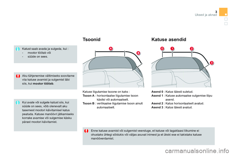 CITROEN DS3 CABRIO 2015  Kasutusjuhend (in Estonian) 3Uksed ja aknad
   
Aku tühjenemise vältimiseks soovitame 
viia katuse avamist ja sulgemist läbi 
siis, kui  mootor töötab 
.      
Katust saab avada ja sulgeda, kui : 
   
 
-   mootor töötab 