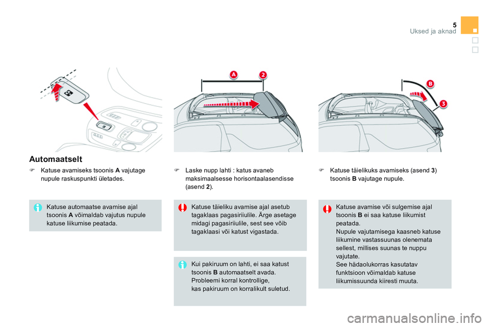 CITROEN DS3 CABRIO 2015  Kasutusjuhend (in Estonian) 5Uksed ja aknad
   
Automaatselt 
 
 
Katuse automaatse avamise ajal 
tsoonis  A 
 võimaldab vajutus nupule 
katuse liikumise peatada.     
Katuse täieliku avamise ajal asetub 
tagaklaas pagasiriiul