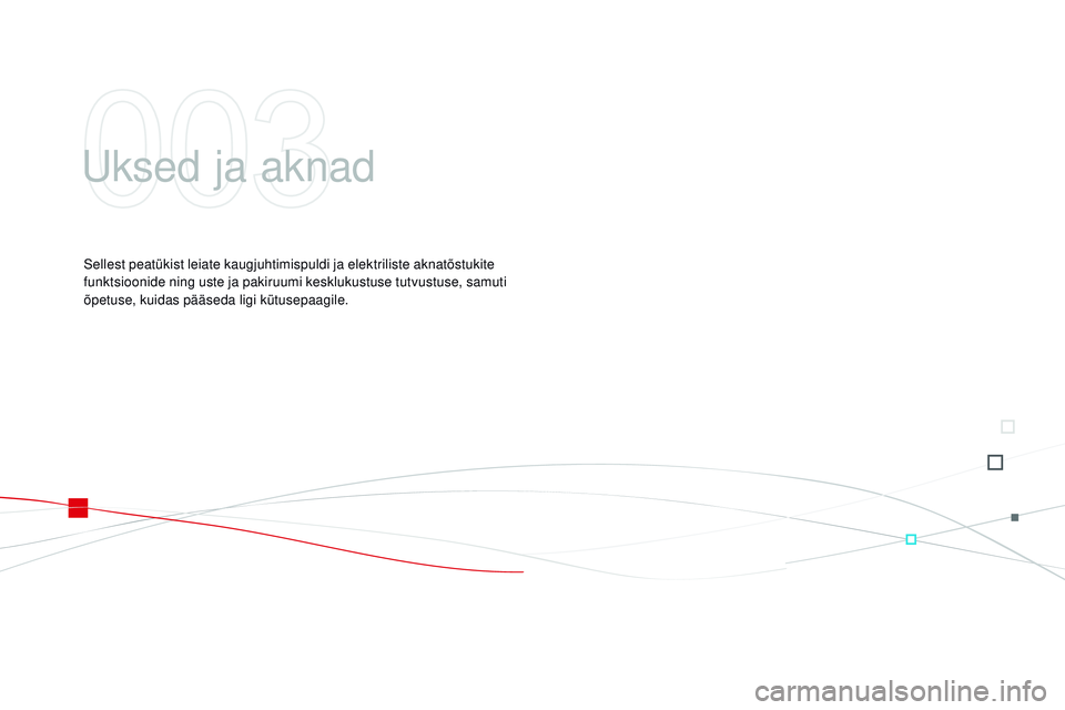 CITROEN DS3 CABRIO 2015  Kasutusjuhend (in Estonian) DS3_et_Chap03_ouvertures_ed01-2014
uksed ja aknad
Sellest peatükist leiate kaugjuhtimispuldi ja elektriliste aknatõstukite 
funktsioonide ning uste ja pakiruumi kesklukustuse tutvustuse, samuti 
õp