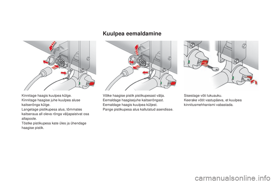 CITROEN DS4 2015  Kasutusjuhend (in Estonian) DS4_et_Chap10_info-pratiques_ed02-2015
Kinnitage haagis kuulpea külge.
Kinnitage haagise juhe kuulpea aluse 
kaitserõnga külge.
Langetage pistikupesa alus, tõmmates 
kaitseraua all oleva rõnga v