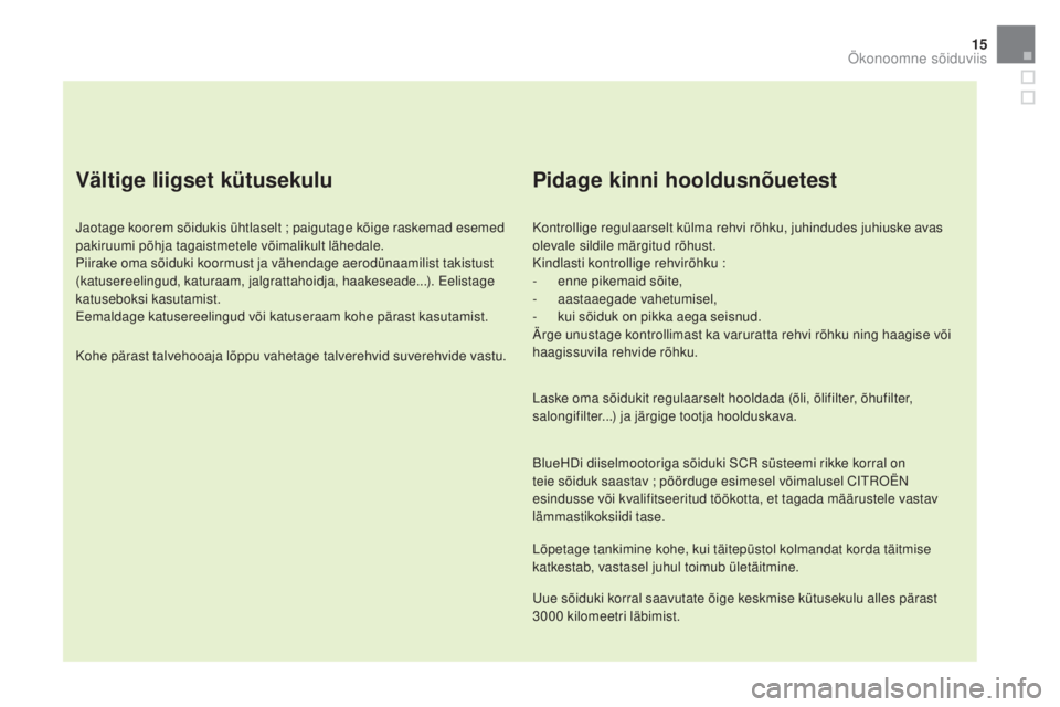 CITROEN DS5 2016  Kasutusjuhend (in Estonian) 15
DS5_et_Chap00c_eco-conduite_ed02-2015
Vältige liigset kütusekulu
Jaotage koorem sõidukis ühtlaselt ; paigutage kõige raskemad esemed 
pakiruumi põhja tagaistmetele võimalikult lähedale.
Pii