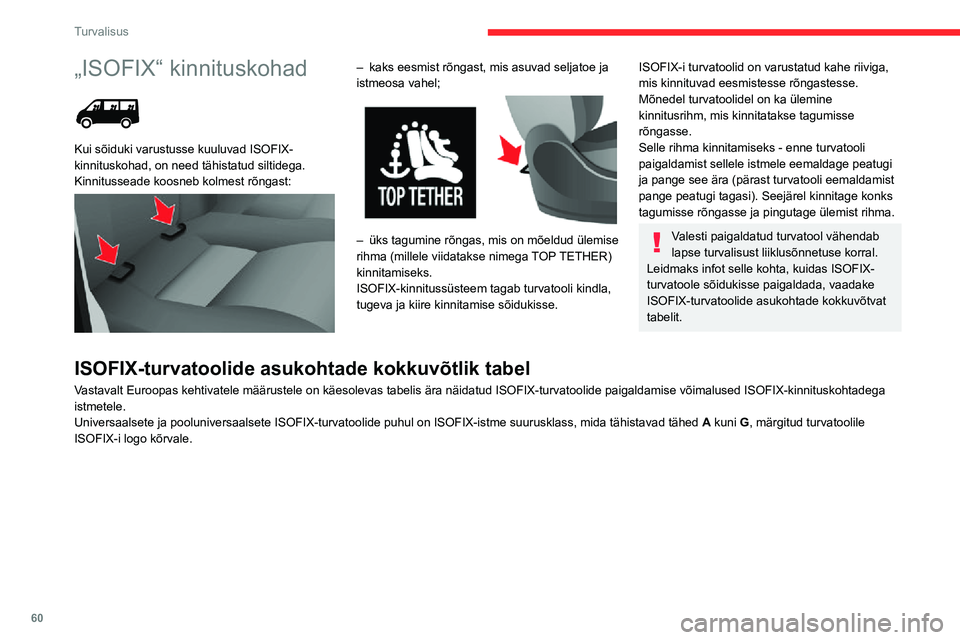 CITROEN JUMPER 2020 Kasutusjuhend (in Estonian) 60
Turvalisus
„ISOFIX“ kinnituskohad
Kui sõiduki varustusse kuuluvad ISOFIX-kinnituskohad, on need tähistatud siltidega.Kinnitusseade koosneb kolmest rõngast:
– kaks eesmist rõngast, m CITROEN JUMPER 2020 Kasutusjuhend (in Estonian) 60
Turvalisus
„ISOFIX“ kinnituskohad
Kui sõiduki varustusse kuuluvad ISOFIX-kinnituskohad, on need tähistatud siltidega.Kinnitusseade koosneb kolmest rõngast:
– kaks eesmist rõngast, m