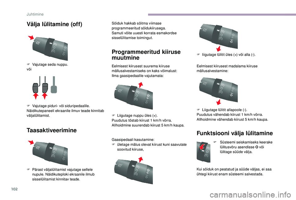CITROEN JUMPER 2019 Kasutusjuhend (in Estonian) 102
Välja lülitamine (off)
TaasaktiveerimineSõiduk hakkab sõitma viimase
programmeeritud sõidukiirusega.
Samuti võite uuesti korrata esmakordse
sisselülitamise toimingut.
Programmeeritud kiir CITROEN JUMPER 2019 Kasutusjuhend (in Estonian) 102
Välja lülitamine (off)
TaasaktiveerimineSõiduk hakkab sõitma viimase
programmeeritud sõidukiirusega.
Samuti võite uuesti korrata esmakordse
sisselülitamise toimingut.
Programmeeritud kiir