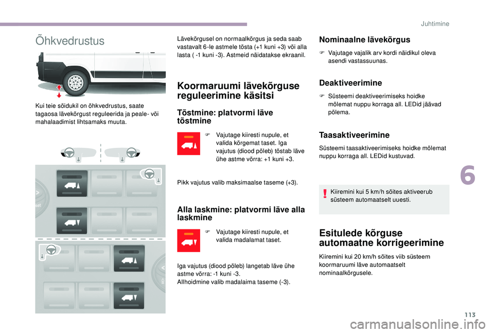 CITROEN JUMPER 2019 Kasutusjuhend (in Estonian) 113
ÕhkvedrustusLävekõrgusel on normaalkõrgus ja seda saab
vastavalt 6 -le astmele tõsta (+1 kuni +3) või alla
lasta ( -1
kuni -3). Astmeid näidatakse ekraanil.
Koormaruumi lävekõrguse
CITROEN JUMPER 2019 Kasutusjuhend (in Estonian) 113
ÕhkvedrustusLävekõrgusel on normaalkõrgus ja seda saab
vastavalt 6 -le astmele tõsta (+1 kuni +3) või alla
lasta ( -1
kuni -3). Astmeid näidatakse ekraanil.
Koormaruumi lävekõrguse