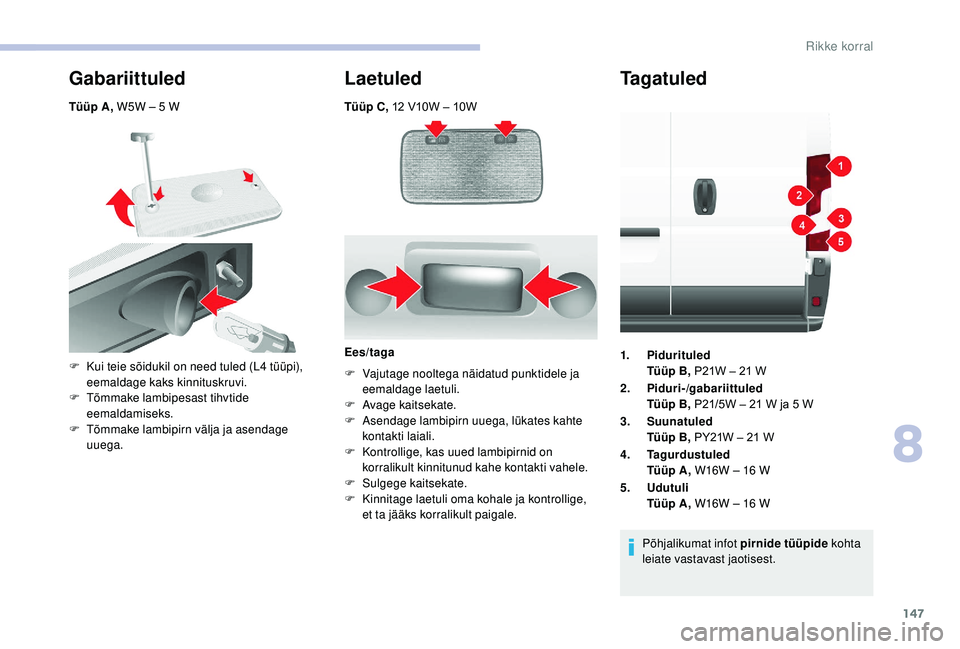 CITROEN JUMPER 2019  Kasutusjuhend (in Estonian) 147
Tüüp C, 12   V10W – 10W
Gabariittuled
Tüüp A , W5W – 5   W
Laetuled
F Kui teie sõidukil on need tuled (L4   tüüpi), 
eemaldage kaks kinnituskruvi.
F
 
T
 õmmake lambipesast tihvtide 
e