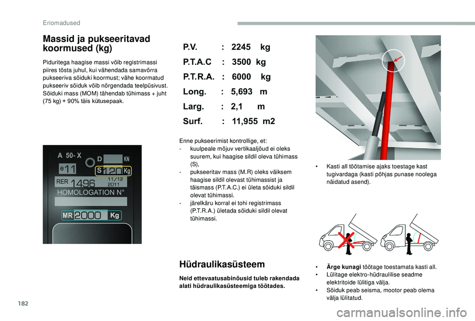 CITROEN JUMPER 2019 Kasutusjuhend (in Estonian) 182
Massid ja pukseeritavad
koormused (kg)
Piduritega haagise massi võib registrimassi
piires tõsta juhul, kui vähendada samavõrra
pukseeriva sõiduki koormust; vähe koormatud
pukseeriv sõid CITROEN JUMPER 2019 Kasutusjuhend (in Estonian) 182
Massid ja pukseeritavad
koormused (kg)
Piduritega haagise massi võib registrimassi
piires tõsta juhul, kui vähendada samavõrra
pukseeriva sõiduki koormust; vähe koormatud
pukseeriv sõid