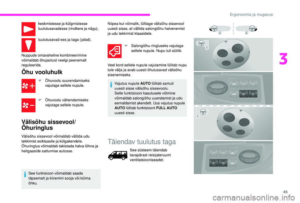CITROEN JUMPER 2019 Kasutusjuhend (in Estonian) 45
keskmistesse ja külgmistesse
tuulutusavadesse (rindkere ja nägu),
tuulutusavad ees ja taga ( jalad).
Nuppude omavaheline kombineerimine
võimaldab õhujaotust veelgi peenemalt
reguleerida.
Õh CITROEN JUMPER 2019 Kasutusjuhend (in Estonian) 45
keskmistesse ja külgmistesse
tuulutusavadesse (rindkere ja nägu),
tuulutusavad ees ja taga ( jalad).
Nuppude omavaheline kombineerimine
võimaldab õhujaotust veelgi peenemalt
reguleerida.
Õh