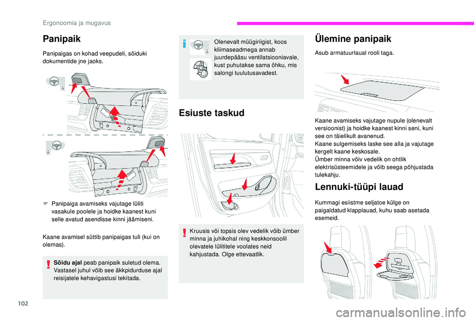 CITROEN JUMPER SPACETOURER 2018  Kasutusjuhend (in Estonian) 102
Panipaik
Panipaigas on kohad veepudeli, sõiduki 
dokumentide jne jaoks.
F 
P
 anipaiga avamiseks vajutage lüliti 
vasakule poolele ja hoidke kaanest kuni 
selle avatud asendisse kinni jäämisen