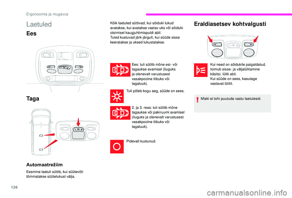 CITROEN JUMPER SPACETOURER 2018  Kasutusjuhend (in Estonian) 126
Laetuled
Ees
Ta g a
Automaatrežiim
Eesmine laetuli süttib, kui süütevõti 
tõmmatakse süütelukust välja.Ees: tuli süttib mõne esi- või 
tagaukse avamisel (liuguks 
ja olenevalt varustus