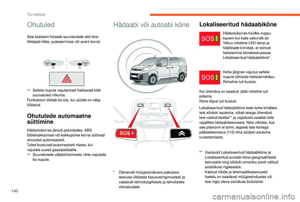 CITROEN JUMPER SPACETOURER 2018  Kasutusjuhend (in Estonian) 140
Ohutuled
See süsteem hoiatab suunatulede abil teisi 
liiklejaid rikke, pukseerimise või avarii korral.
F 
S
 ellele nupule vajutamisel hakkavad kõik 
suunatuled vilkuma.
Funktsioon töötab ka 