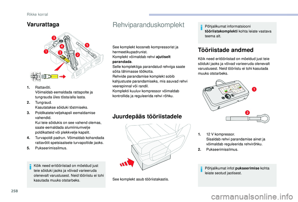 CITROEN JUMPER SPACETOURER 2018  Kasutusjuhend (in Estonian) 258
Kõik need eritööriistad on mõeldud just 
teie sõiduki jaoks ja võivad varieeruda 
olenevalt varustusest. Neid tööriistu ei tohi 
kasutada muuks otstarbeks.
1.
Rattavõti.
Võimaldab eemald