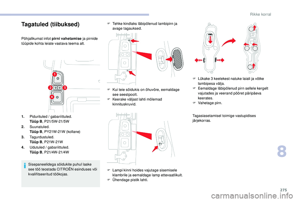 CITROEN JUMPER SPACETOURER 2018  Kasutusjuhend (in Estonian) 275
1.Pidurituled / gabariittuled.
Tüüp B , P21/5W-21/5W
2. Suunatuled.
Tüüp B , PY21W-21W (kollane)
3. Tagurdustuled.
Tüüp B , P21W-21W
4. Udutuled / gabariittuled.
Tüüp B , P21/4W-21/4W
Sise