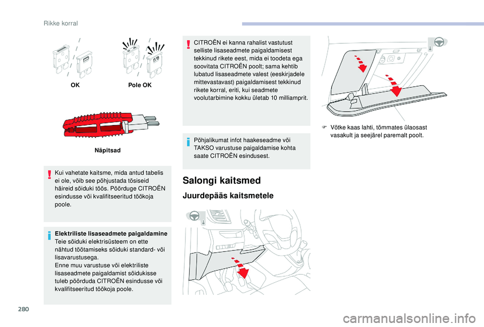 CITROEN JUMPER SPACETOURER 2018  Kasutusjuhend (in Estonian) 280
OKPole OK
Näpitsad
Kui vahetate kaitsme, mida antud tabelis 
ei ole, võib see põhjustada tõsiseid 
häireid sõiduki töös. Pöörduge CITROËN 
esindusse või kvalifitseeritud töökoja 
poo