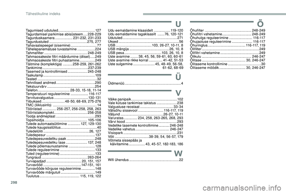 CITROEN JUMPER SPACETOURER 2018  Kasutusjuhend (in Estonian) 298
ÕU
Ü
V
W
Õhufilter ................................................ 248-249
Õhufiltri vahetamine  ..............................248-249
Õhuhulga reguleerimine
 

........................11 6 