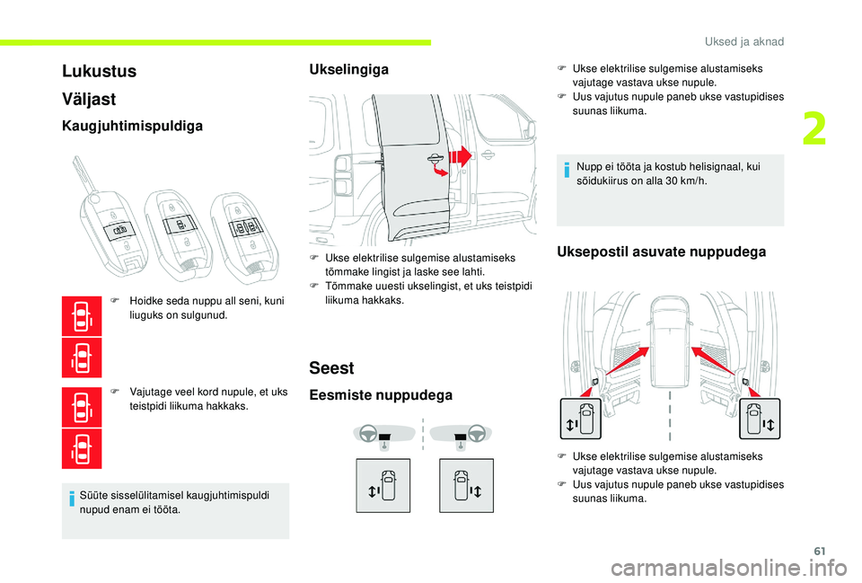 CITROEN JUMPER SPACETOURER 2018  Kasutusjuhend (in Estonian) 61
Lukustus
Väljast
Kaugjuhtimispuldiga
F Hoidke seda nuppu all seni, kuni liuguks on sulgunud.
F
 
V
 ajutage veel kord nupule, et uks 
teistpidi liikuma hakkaks.
Süüte sisselülitamisel kaugjuhti