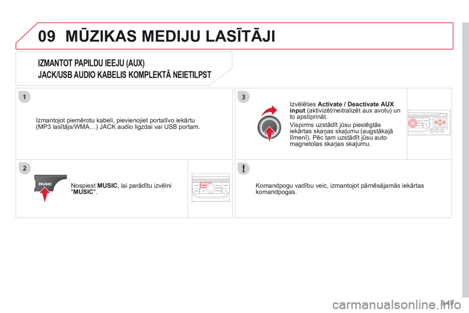 CITROEN BERLINGO MULTISPACE 2014  Lietošanas Instrukcija (in Latvian) 9.47
09 MŪZIKAS MEDIJU LASĪTĀJI 
IZMANTOT PAPILDU IEEJU (AUX)  
JACK/USB AUDIO KABELIS KOMPLEKTĀ NEIETILPST 
  Izmantojot piemērotu kabeli, pievienojiet portatīvo iekārtu (MP3 lasītājs/WMA…