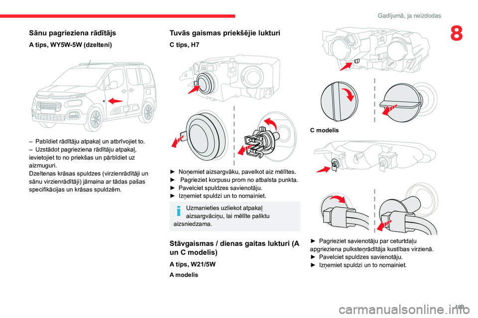 CITROEN BERLINGO VAN 2021  Lietošanas Instrukcija (in Latvian) 169
Gadījumā, ja neizdodas
8Sānu pagrieziena rādītājs
A tips, WY5W-5W (dzelteni) 
 
– Pabīdiet rādītāju atpakaļ un atbrīvojiet to.
–  Uzstādot pagrieziena rādītāju atpakaļ, 
ievie
