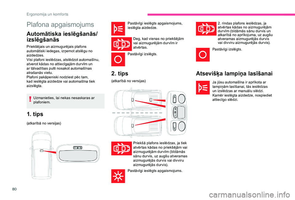 CITROEN BERLINGO VAN 2019  Lietošanas Instrukcija (in Latvian) 80
Plafona apgaismojums
Automātiska ieslēgšanās/
izslēgšanāsAtsevišķa lampiņa lasīšanai
Ja jūsu automašīna ir aprīkota ar 
lampiņām lasīšanai, tās ieslēdzas 
un izslēdzas ar man