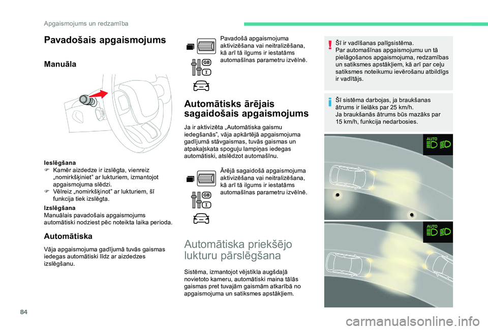 CITROEN BERLINGO VAN 2019  Lietošanas Instrukcija (in Latvian) 84
Pavadošais apgaismojums
Manuāla
Ieslēgšana
F K amēr aizdedze ir izslēgta, vienreiz 
„nomirkšķiniet” ar lukturiem, izmantojot 
apgaismojuma slēdzi.
F
 
V
 ēlreiz „nomirkšķinot” a