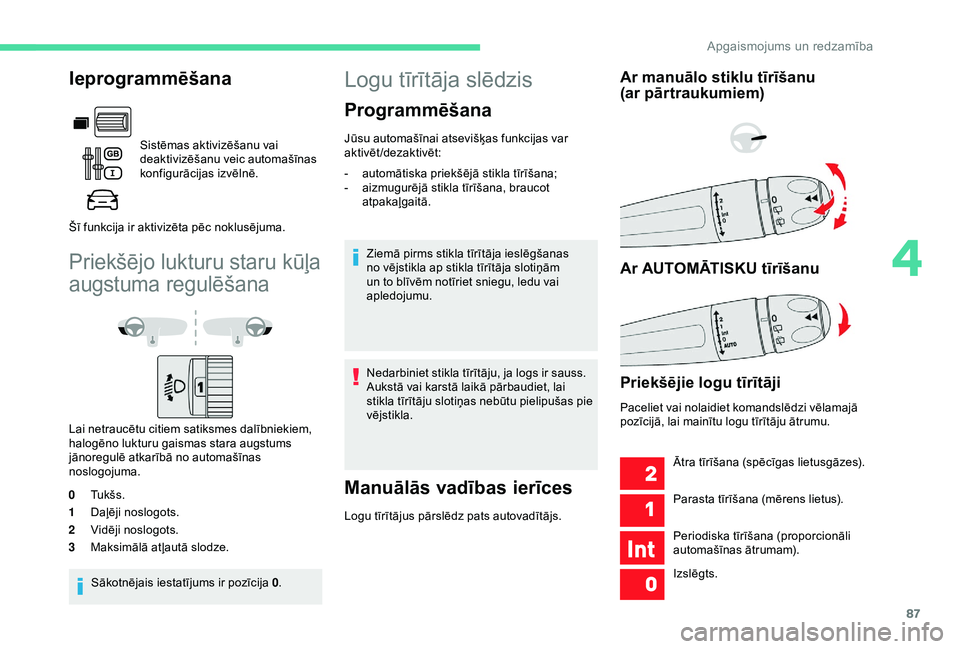 CITROEN BERLINGO VAN 2019  Lietošanas Instrukcija (in Latvian) 87
Priekšējo lukturu staru kūļa 
augstuma regulēšana
Lai netraucētu citiem satiksmes dalībniekiem, 
halogēno lukturu gaismas stara augstums 
jānoregulē atkarībā no automašīnas 
noslogoj