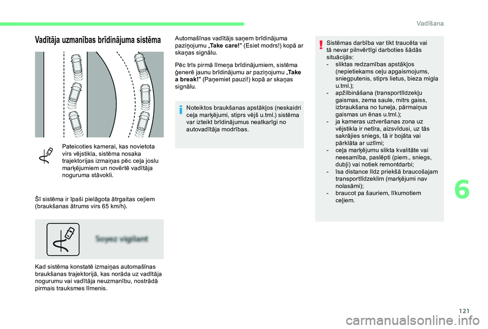 CITROEN C4 CACTUS 2019 Lietošanas Instrukcija (in Latvian) 121
Vadītāja uzmanības brīdinājuma sistēma
Pateicoties kamerai, kas novietota
virs vējstikla, sistēma nosaka
trajektorijas izmaiņas pēc ceļa joslu
marķējumiem un novērtē vadītāja CITROEN C4 CACTUS 2019 Lietošanas Instrukcija (in Latvian) 121
Vadītāja uzmanības brīdinājuma sistēma
Pateicoties kamerai, kas novietota
virs vējstikla, sistēma nosaka
trajektorijas izmaiņas pēc ceļa joslu
marķējumiem un novērtē vadītāja