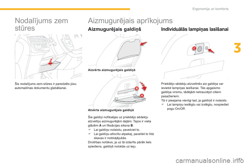 CITROEN C4 SPACETOURER 2016  Lietošanas Instrukcija (in Latvian) 111
C4-Picasso-II_lv_Chap03_ergonomie-confort_ed01-2016
Nodalījums zem 
stūres
Šis nodalījums zem stūres ir paredzēts jūsu 
automašīnas dokumentu glabāšanai.
Aizmugurējais aprīkojums
Aizm