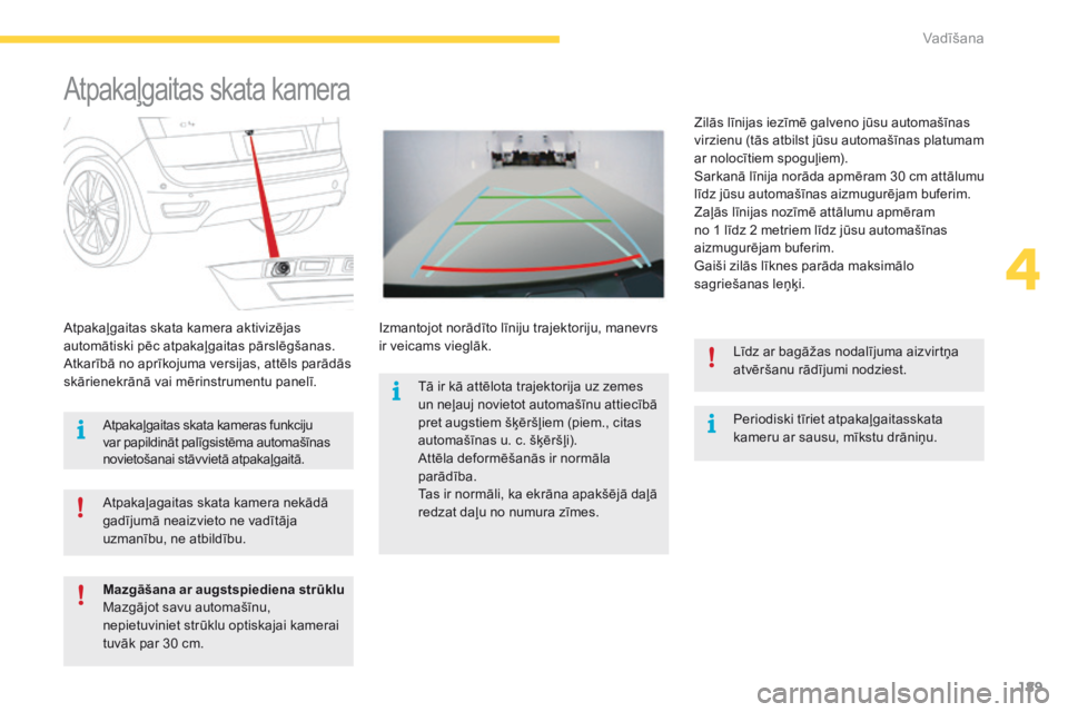 CITROEN C4 SPACETOURER 2016 Lietošanas Instrukcija (in Latvian) 189
C4-Picasso-II_lv_Chap04_conduite_ed01-2016
Atpakaļgaitas skata kamera
Periodiski tīriet atpakaļgaitasskata
kameru ar sausu, mīkstu drāniņu.
Atpakaļgaitas skata kamera aktivizējas
automā CITROEN C4 SPACETOURER 2016 Lietošanas Instrukcija (in Latvian) 189
C4-Picasso-II_lv_Chap04_conduite_ed01-2016
Atpakaļgaitas skata kamera
Periodiski tīriet atpakaļgaitasskata
kameru ar sausu, mīkstu drāniņu.
Atpakaļgaitas skata kamera aktivizējas
automā