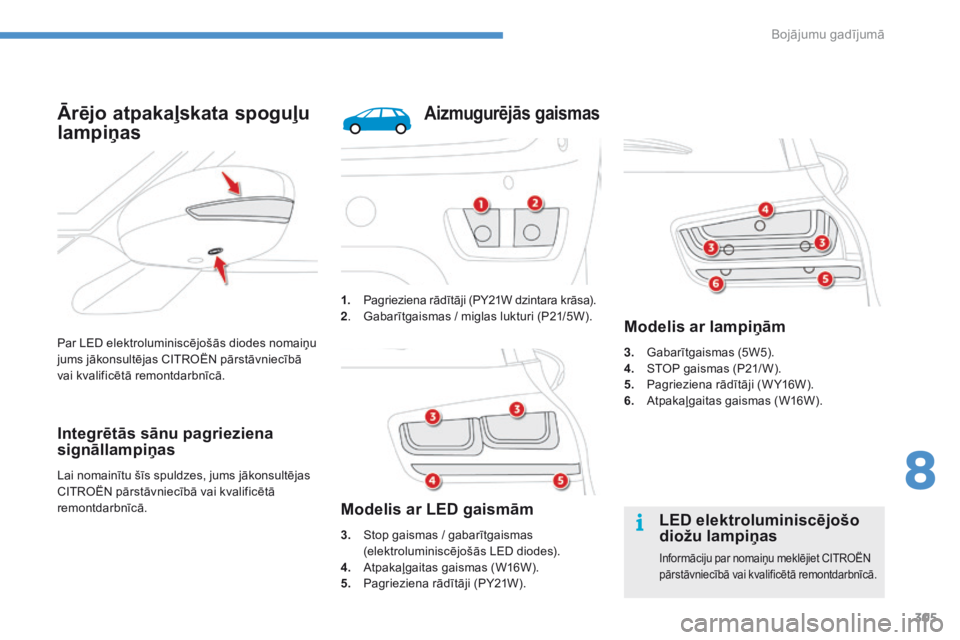 CITROEN C4 SPACETOURER 2016  Lietošanas Instrukcija (in Latvian) 305
C4-Picasso-II_lv_Chap08_en-cas-panne_ed01-2016
Par LED elektroluminiscējošās diodes nomaiņu 
jums jākonsultējas CITROËN pārstāvniecībā 
vai kvalificētā remontdarbnīcā.
Ārējo atpak