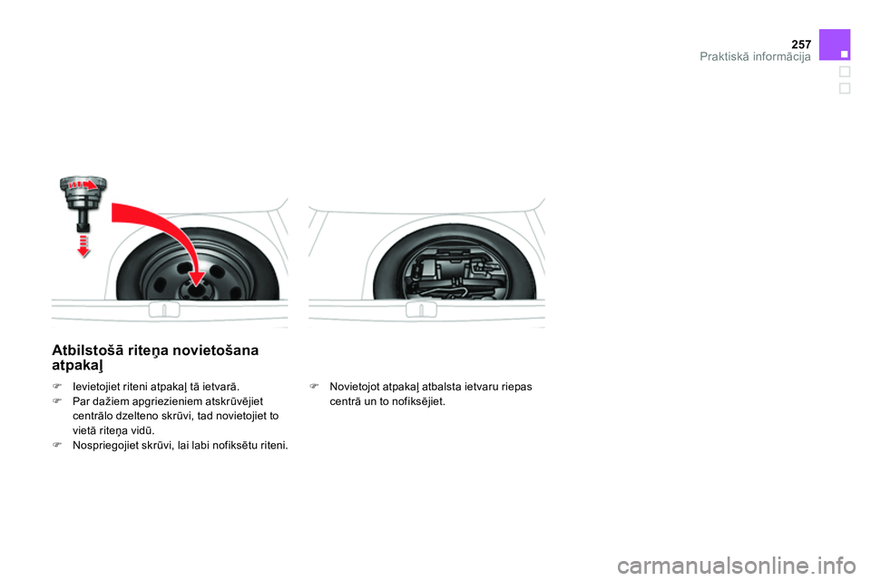 CITROEN DS4 2014  Lietošanas Instrukcija (in Latvian) 257Praktiskā informācija
 
 
Atbilstošā riteņa novietošana 
atpakaļ 
 
 
 
 Novietojot atpakaļ atbalsta ietvaru riepas 
centrā un to nofiksējiet.  
     
 
 
  Ievietojiet riteni atpak