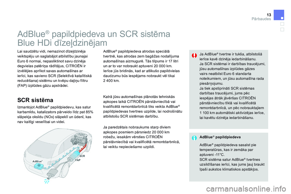 CITROEN DS4 2014  Lietošanas Instrukcija (in Latvian) 13Pārbaudes
                   A d B l u e® papildpiedeva un SCR sistēma  
Blue HDi dīzeļdzinējam  
  Lai saudzētu vidi, nemazinot dīzeļdzinēja veiktspēju un saglabājot atbilstību jaunaja