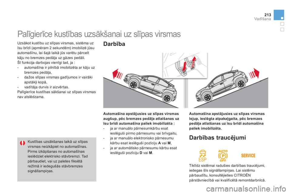 CITROEN DS4 2013  Lietošanas Instrukcija (in Latvian) 213Vadīšana
 
Uzsākot kustību uz slīpas virsmas, sistēma uz
īsu brīdi (apmēram 2 sekundēm) imobilizē jūsu
automašīnu, lai šajā laikā jūs varētu pārcelt 
kāju no bremzes pedāļa u