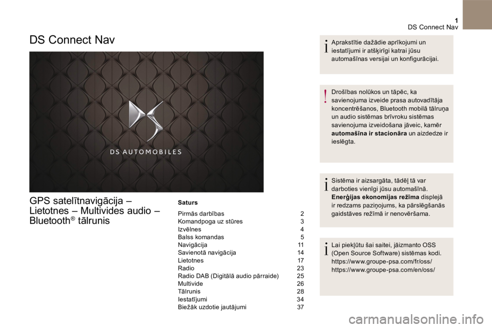 CITROEN DS5 2016 Lietošanas Instrukcija (in Latvian) 1 DS Connect Nav
GPS satelītnavigācija –
Lietotnes – Multivides audio –
Bluetooth ® tālrunis® tālrunis®
Saturs
Pirmās darbības 2 Komandpoga uz stūres 3 Izvēlnes 4 Bal CITROEN DS5 2016 Lietošanas Instrukcija (in Latvian) 1 DS Connect Nav
GPS satelītnavigācija –
Lietotnes – Multivides audio –
Bluetooth ® tālrunis® tālrunis®
Saturs
Pirmās darbības 2 Komandpoga uz stūres 3 Izvēlnes 4 Bal