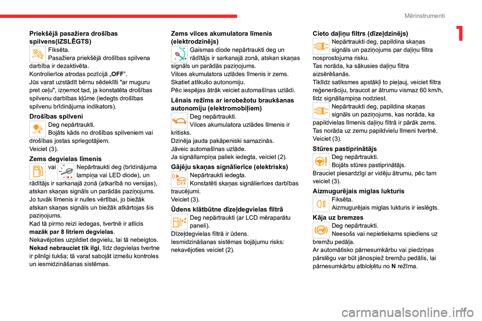 CITROEN JUMPER SPACETOURER 2021  Lietošanas Instrukcija (in Latvian) 17
Mērinstrumenti
1Priekšējā pasažiera drošības 
spilvens(IZSLĒGTS)
Fiksēta.
Pasažiera priekšējā drošības spilvena 
darbība ir dezaktivēta.
Kontrolierīce atrodas pozīcijā „ OFF