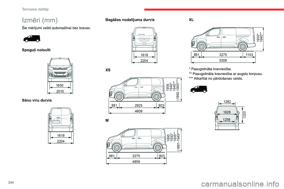 CITROEN JUMPER SPACETOURER 2021  Lietošanas Instrukcija (in Latvian) 244
Tehniskie rādītāji
Izmēri (mm)
Šie mērījumi veikti automašīnai bez kravas. 
 
Spoguļi nolocīti 
 
Sānu viru durvis 
 
Bagāžas nodalījuma durvis 
 
XS 
 
M 
 
XL 
 
* Paaugstināta k