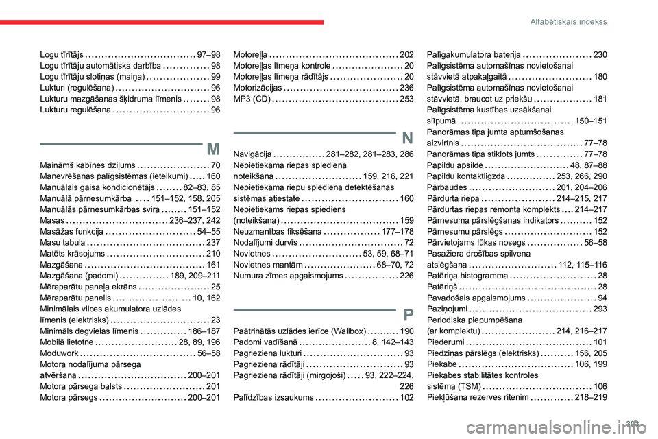 CITROEN JUMPER SPACETOURER 2021  Lietošanas Instrukcija (in Latvian) 303
Alfabētiskais indekss
Logu tīrītājs    97–98
Logu tīrītāju automātiska darbība     
98
Logu tīrītāju slotiņas (maiņa)
    
99
Lukturi (regulēšana)
    
96
Lukturu mazgāšanas š