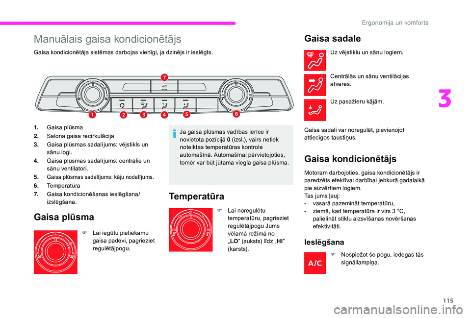 CITROEN JUMPER SPACETOURER 2018  Lietošanas Instrukcija (in Latvian) 115
Manuālais gaisa kondicionētājs
Gaisa kondicionētāja sistēmas darbojas vienīgi, ja dzinējs ir ieslēgts.
1.Gaisa plūsma
2. Salona gaisa recirkulācija
3. Gaisa plūsmas sadalījums: vējst