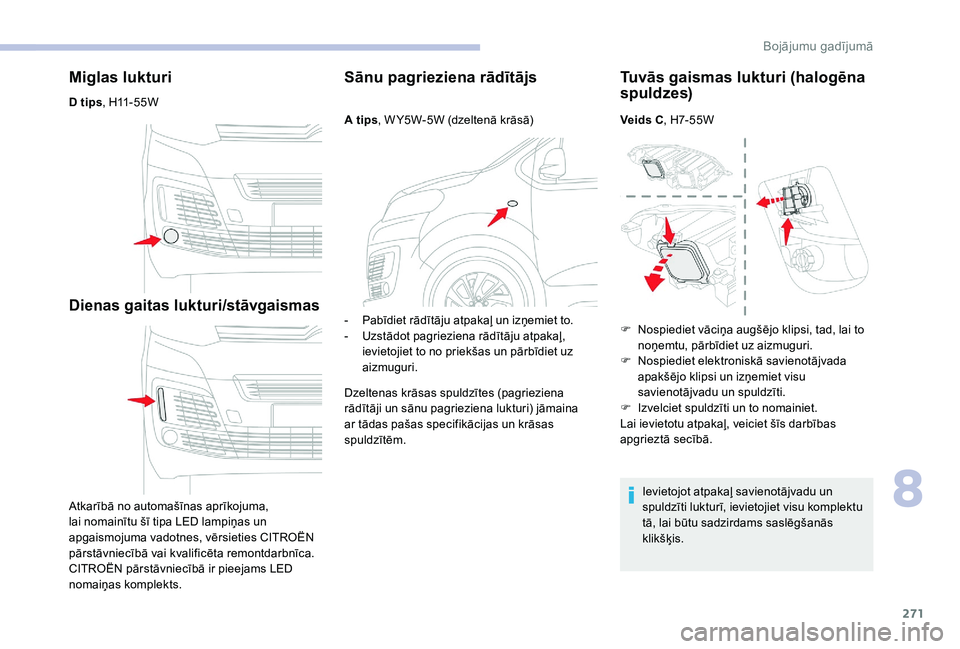 CITROEN JUMPER SPACETOURER 2018  Lietošanas Instrukcija (in Latvian) 271
Miglas lukturi
D tips, H11-55W
Dienas gaitas lukturi/stāvgaismas
Atkarībā no automašīnas aprīkojuma, 
lai nomainītu šī tipa LED lampiņas un 
apgaismojuma vadotnes, vērsieties CITROËN 
