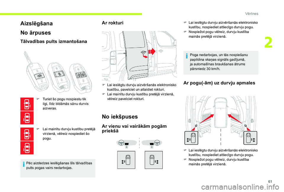 CITROEN JUMPER SPACETOURER 2018  Lietošanas Instrukcija (in Latvian) 61
Aizslēgšana
No ārpuses
Tālvadības pults izmantošana
F Turiet šo pogu nospiestu tik ilgi, līdz bīdāmās sānu dur vis 
aizveras.
F
 
L
 ai mainītu dur vju kustību pretējā 
virzienā, v
