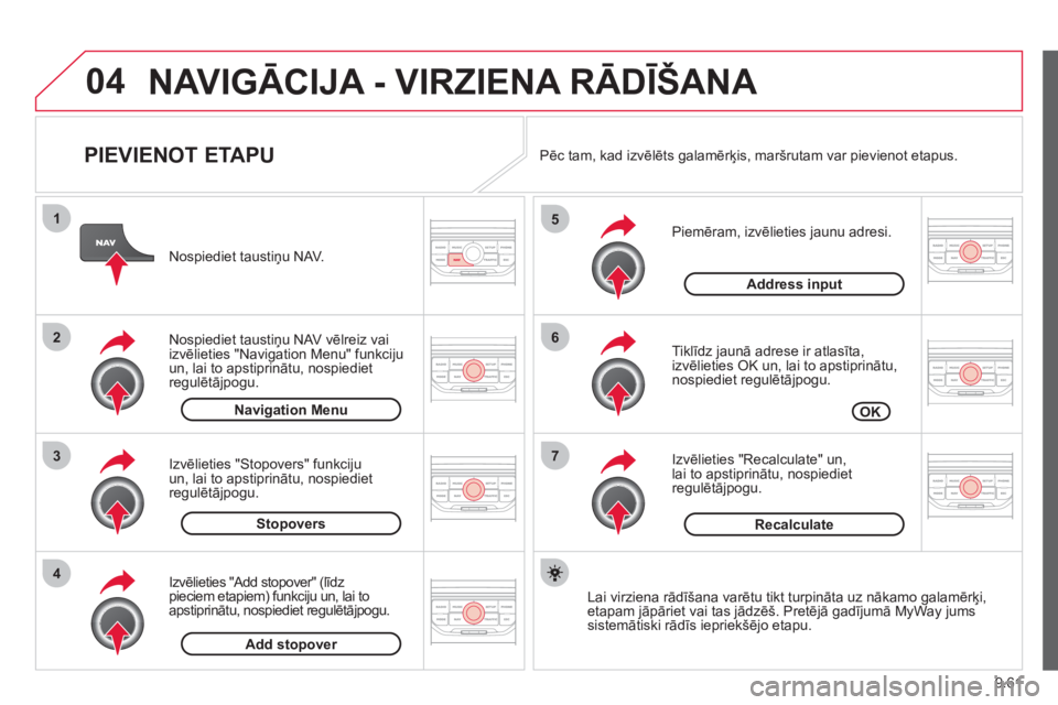 CITROEN JUMPER MULTISPACE 2013  Lietošanas Instrukcija (in Latvian) 9.61
04
7
6
5
4
3
2
1
   
PIEVIENOT ETAPU 
 
 
Piemēram, izvēlieties jaunu adresi.
   
Tiklīdz jaunā adrese ir atlasīta,
izvēlieties OK un, lai to apstiprinātu,nospiediet regulētājpogu. 
   
