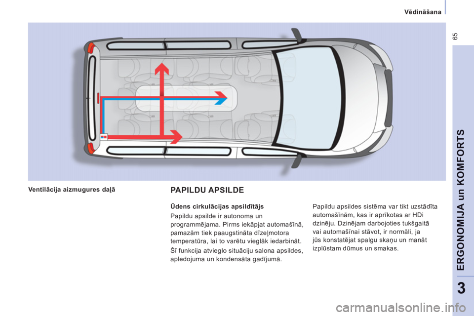 CITROEN JUMPER MULTISPACE 2013  Lietošanas Instrukcija (in Latvian)  65
   
 Vēdināšana  
 
ERGONOMIJA un KOMFORT
S
3
PAPILDU APSILDE  
 
Papildu apsildes sistēma var tikt uzstādīta 
automašīnām, kas ir aprīkotas ar HDi 
dzinēju. Dzinējam darbojoties tukš