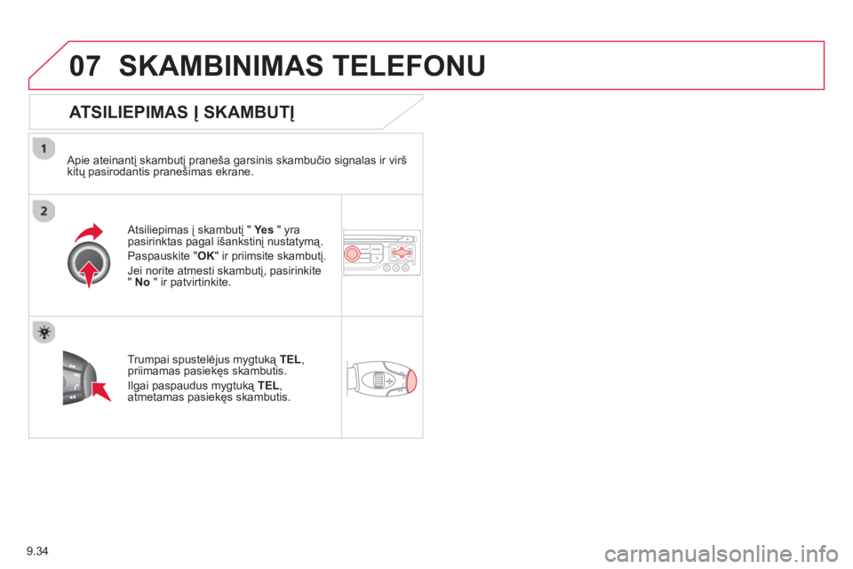 CITROEN BERLINGO ELECTRIC 2015  Eksploatavimo vadovas (in Lithuanian) 9.34
07SKAMBINIMAS TELEFONU
   
ATSILIEPIMAS Į SKAMBUTĮ 
 
 Apie ateinantį skambutį praneša garsinis skambučio signalas ir vir
