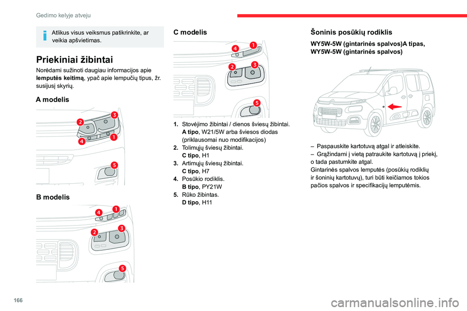 CITROEN BERLINGO VAN 2021  Eksploatavimo vadovas (in Lithuanian) 166
Gedimo kelyje atveju
Atlikus visus veiksmus patikrinkite, ar veikia apšvietimas.
Priekiniai žibintai
Norėdami sužinoti daugiau informacijos apie 
lemputės keitimą, ypač apie lempučių tipu