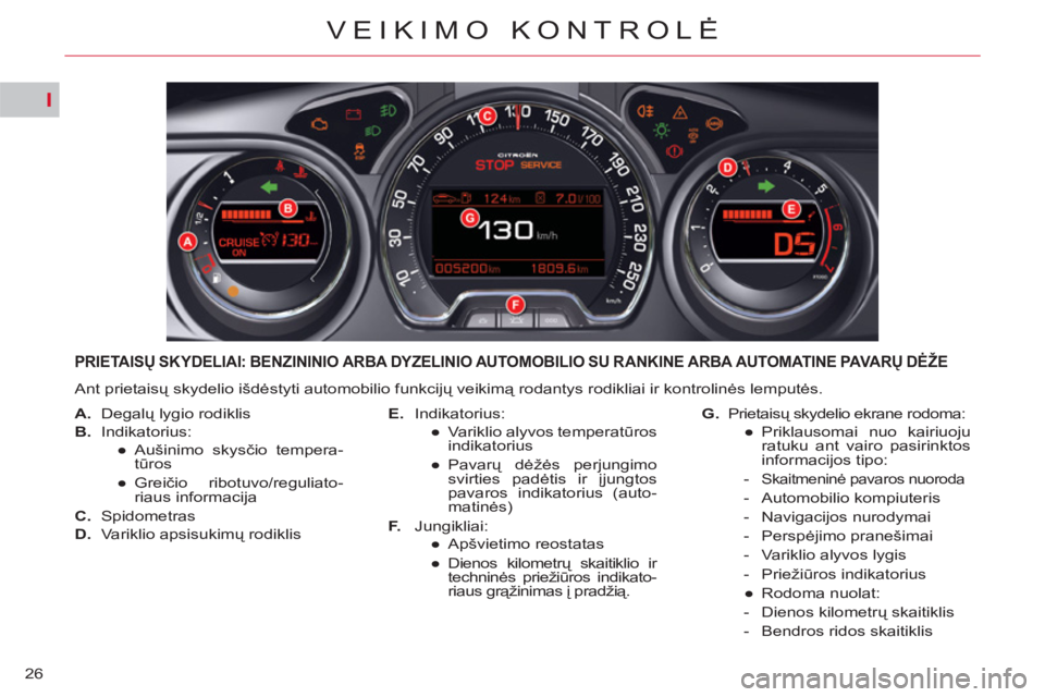 CITROEN C5 2014 Eksploatavimo vadovas (in Lithuanian) I
26
VEIKIMO KONTROLĖ
PRIETAISŲ SKYDELIAI: BENZININIO ARBA DYZELINIO AUTOMOBILIO SU R ANKINE ARBA AUTOMATINE PAVARŲ DĖŽE
Ant prietaisų skydelio išdėstyti automobilio funkcijų veikimą rodan CITROEN C5 2014 Eksploatavimo vadovas (in Lithuanian) I
26
VEIKIMO KONTROLĖ
PRIETAISŲ SKYDELIAI: BENZININIO ARBA DYZELINIO AUTOMOBILIO SU R ANKINE ARBA AUTOMATINE PAVARŲ DĖŽE
Ant prietaisų skydelio išdėstyti automobilio funkcijų veikimą rodan