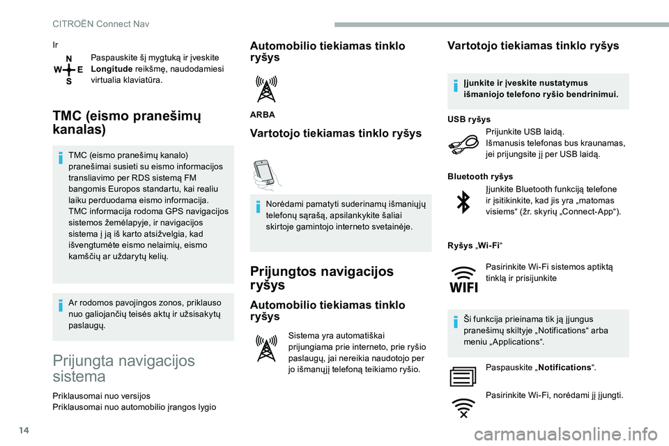 CITROEN C5 AIRCROSS 2020 Eksploatavimo vadovas (in Lithuanian) 14
IrPaspauskite šį mygtuką ir įveskite
Longitude reikšmę, naudodamiesi
virtualia klaviatūra.
TMC (eismo pranešimų
kanalas)
TMC (eismo pranešimų kanalo)
pranešimai susieti su eismo in CITROEN C5 AIRCROSS 2020 Eksploatavimo vadovas (in Lithuanian) 14
IrPaspauskite šį mygtuką ir įveskite
Longitude reikšmę, naudodamiesi
virtualia klaviatūra.
TMC (eismo pranešimų
kanalas)
TMC (eismo pranešimų kanalo)
pranešimai susieti su eismo in