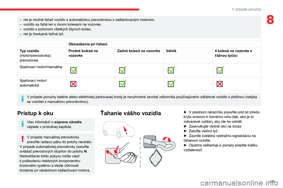 CITROEN BERLINGO VAN 2021 Návod na použitie (in Slovak) 181
V prípade poruchy
8– nie je možné ťahať vozidlo s automatickou prevodovkou s naštartovaným motorom,
– vozidlo sa ťahá len s dvomi kolesami na vozovke,
–
vozidlo s pohonom všetk CITROEN BERLINGO VAN 2021 Návod na použitie (in Slovak) 181
V prípade poruchy
8– nie je možné ťahať vozidlo s automatickou prevodovkou s naštartovaným motorom,
– vozidlo sa ťahá len s dvomi kolesami na vozovke,
–
vozidlo s pohonom všetk