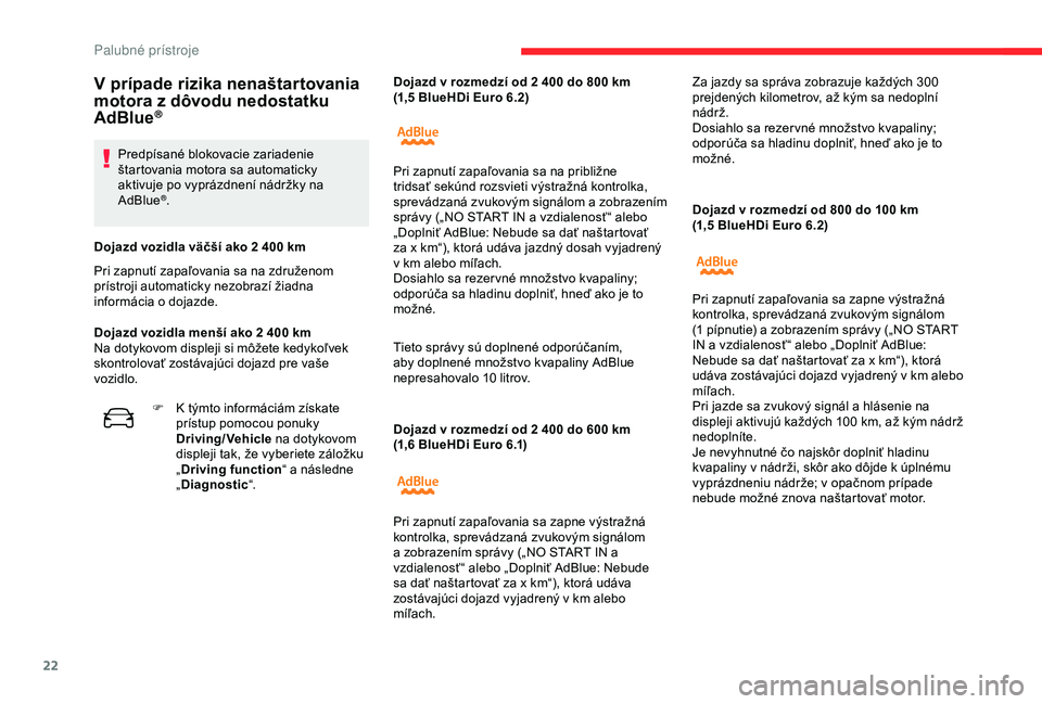 CITROEN C4 CACTUS 2019 Návod na použitie (in Slovak) 22
Dojazd v rozmedzí od 2 400 do 600 km
( 1,6 BlueHDi Euro 6.1) Dojazd v
rozmedzí od 800 do 100 km
(1,5 BlueHDi Euro 6.2)
V prípade rizika nenaštartovania
motora z dôvodu nedostatku
AdB CITROEN C4 CACTUS 2019 Návod na použitie (in Slovak) 22
Dojazd v rozmedzí od 2 400 do 600 km
( 1,6 BlueHDi Euro 6.1) Dojazd v
rozmedzí od 800 do 100 km
(1,5 BlueHDi Euro 6.2)
V prípade rizika nenaštartovania
motora z dôvodu nedostatku
AdB
