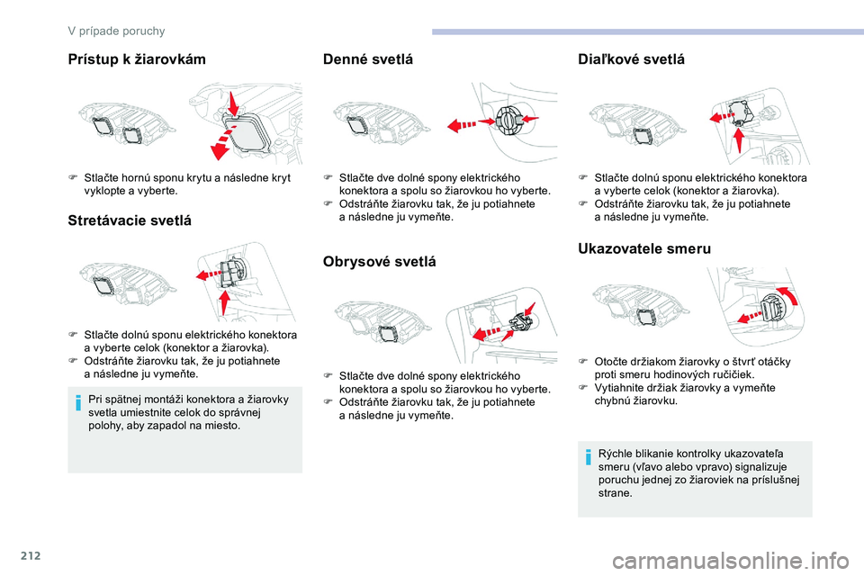 CITROEN JUMPER SPACETOURER 2020  Návod na použitie (in Slovak) 212
Prístup k žiarovkám
St retávacie svetlá
Pri spätnej montáži konektora a žiarovky 
svetla umiestnite celok do správnej 
polohy, aby zapadol na miesto.
Denné svetlá
Obrysové svetlá Dia