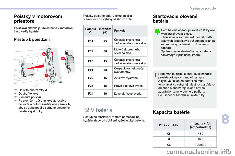 CITROEN JUMPER SPACETOURER 2020  Návod na použitie (in Slovak) 219
Poistky v motorovom 
priestore
Poistková skrinka je umiestnená v motorovej 
časti vedľa batérie.
Prístup k poistkám
F Odistite obe zámky A.
F  O dstráňte kryt.
F
 
Vy
 meňte poistku.
F
