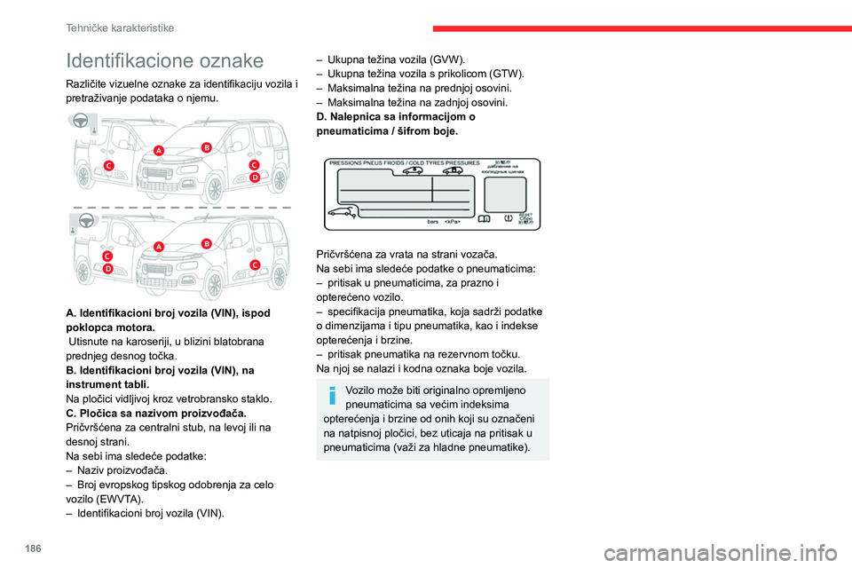 CITROEN BERLINGO VAN 2021  Priručnik (in Serbian) 186
Tehničke karakteristike
Identifikacione oznake
Različite vizuelne oznake za identifikaciju vozila i 
pretraživanje podataka o njemu.
 
 
A. Identifikacioni broj vozila (VIN), ispod 
poklopca mo